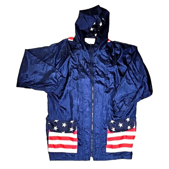 Solare Sporta Windbreaker Jacket/Backpack USA Flag Red/White/Blue Zip Front Sz M - Picture 1 of 8